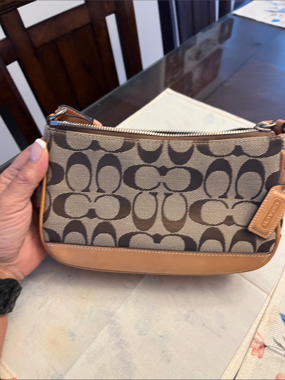 Coach Brown Signature Canvas Mini Pouch with Tan Leather Trim